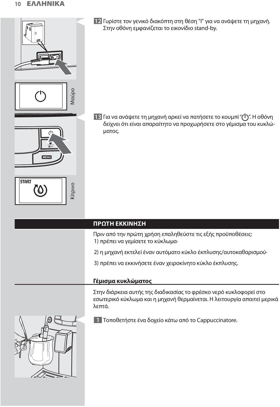 ΠΡΩΤΗ ΕΚΚΙΝΗΣΗ Πριν από την πρώτη χρήση επαληθεύστε τις εξής προϋποθέσεις: 1) πρέπει να γεμίσετε το κύκλωμα 2) η μηχανή εκτελεί έναν αυτόματο κύκλο έκπλυσης/αυτοκαθαρισμού 3)