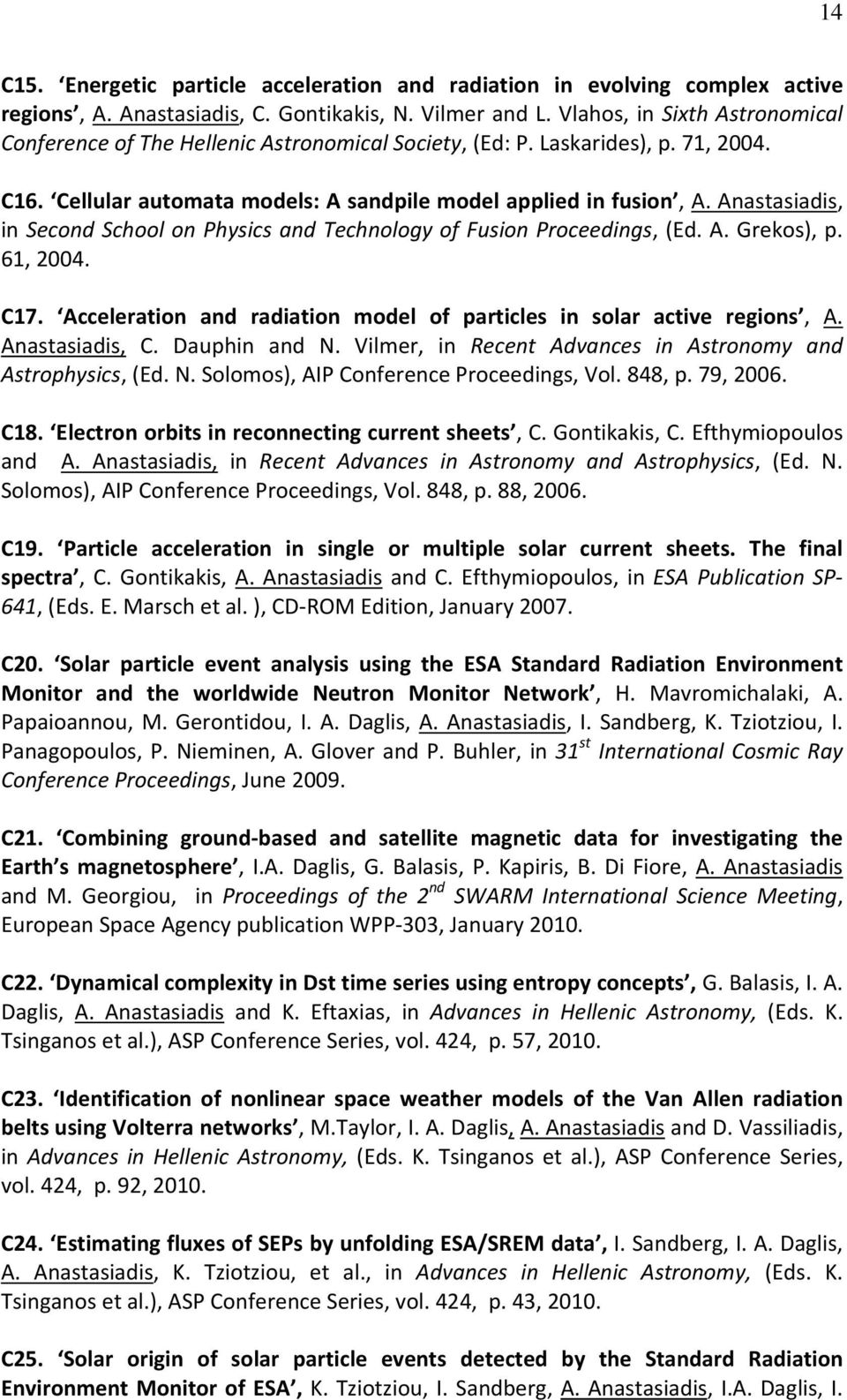 Anastasiadis, in Second School on Physics and Technology of Fusion Proceedings, (Ed. A. Grekos), p. 61, 2004. C17. Acceleration and radiation model of particles in solar active regions, A.