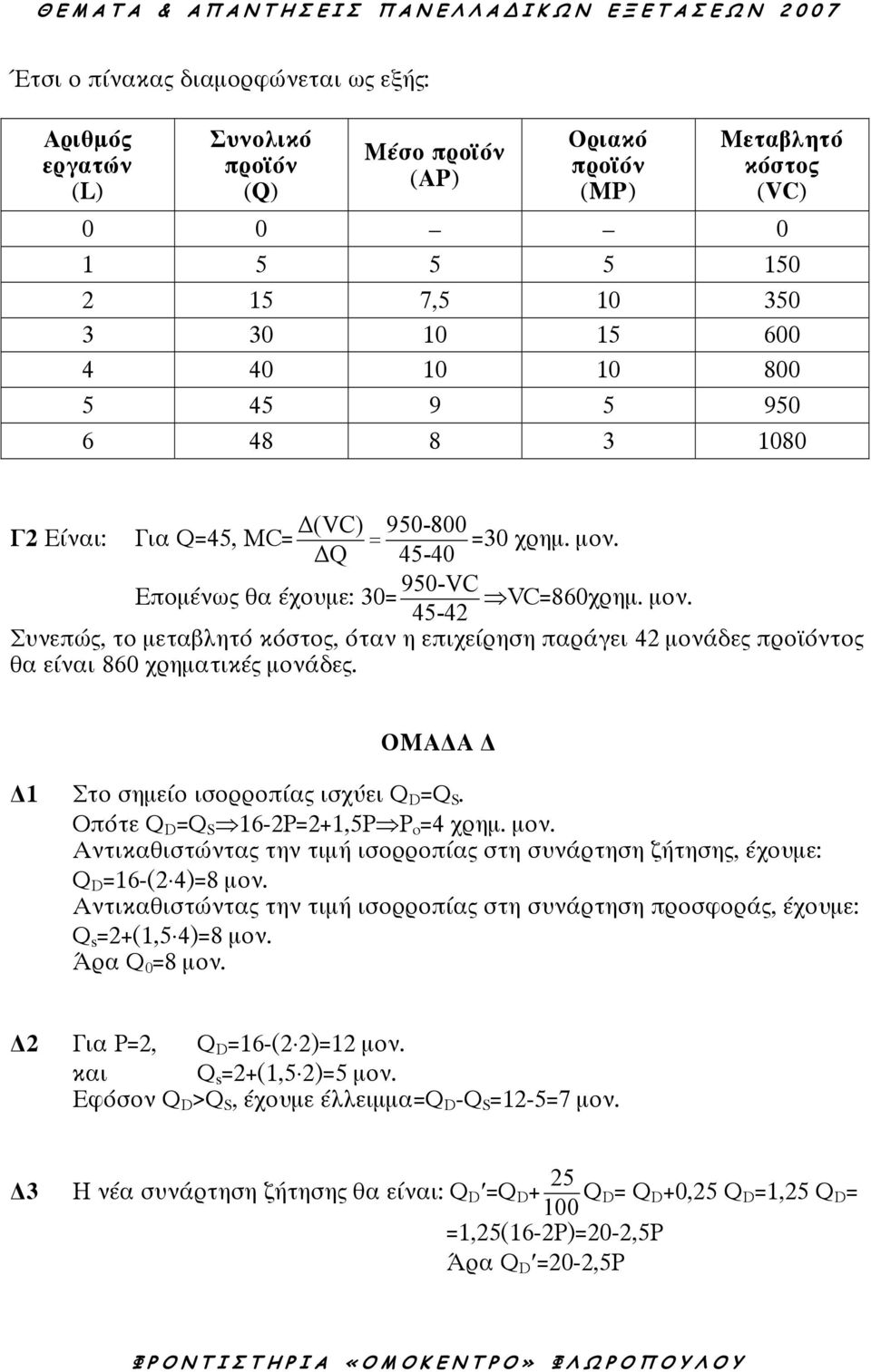 ΟΜΑ Α 1 Στο σηµείο ισορροπίας ισχύει Q D =Q S. Οπότε Q D =Q S 16-2P=2+1,5P P o =4 χρηµ. µον. Αντικαθιστώντας την τιµή ισορροπίας στη συνάρτηση ζήτησης, έχουµε: Q D =16-(2 4)=8 µον.