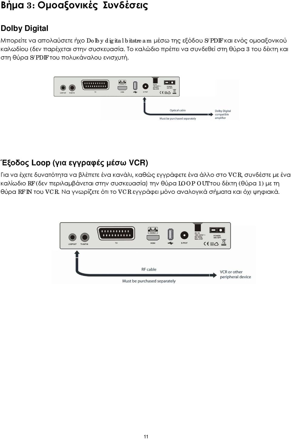 Έξοδος Loop (για εγγραφές μέσω VCR) Για να έχετε δυνατότητα να βλέπετε ένα κανάλι, καθώς εγγράφετε ένα άλλο στο VCR, συνδέστε με ένα καλίωδιο RF