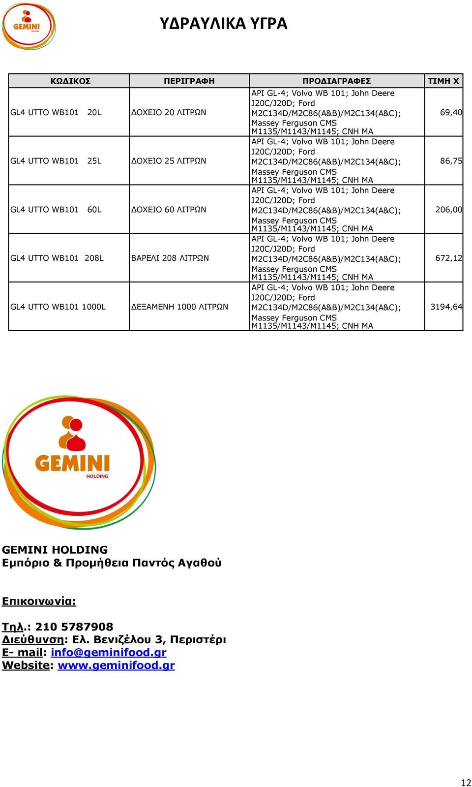 Deere J20C/J20D; Ford M2C134D/M2C86(A&B)/M2C134(A&C); Massey Ferguson CMS M1135/M1143/M1145; CNH MA API GL-4; Volvo WB 101; John Deere J20C/J20D; Ford M2C134D/M2C86(A&B)/M2C134(A&C); Massey Ferguson