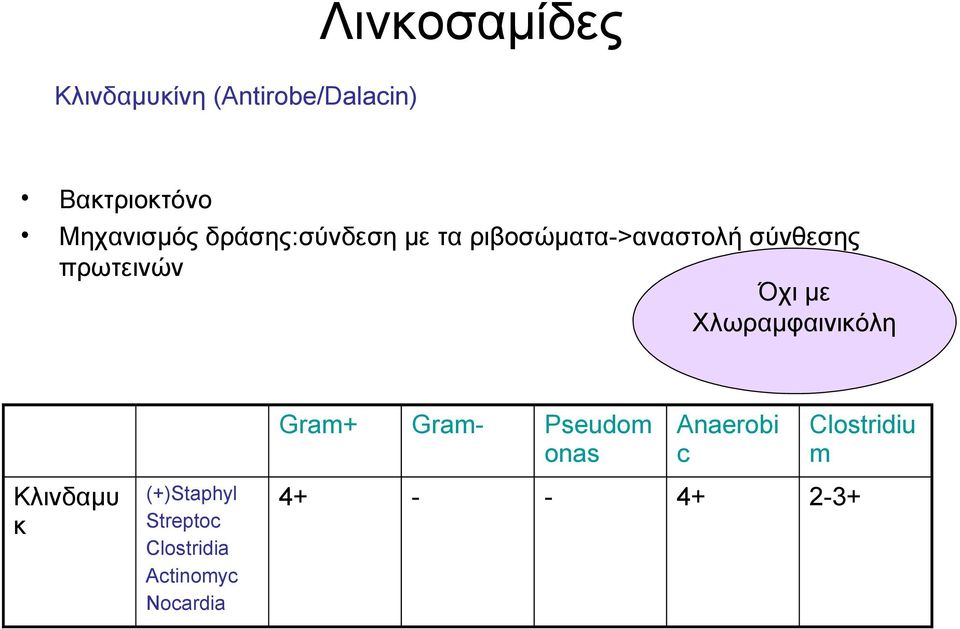 πρωτεινών Όχι με Χλωραμφαινικόλη Κλινδαμυ κ (+)Staphyl Streptoc