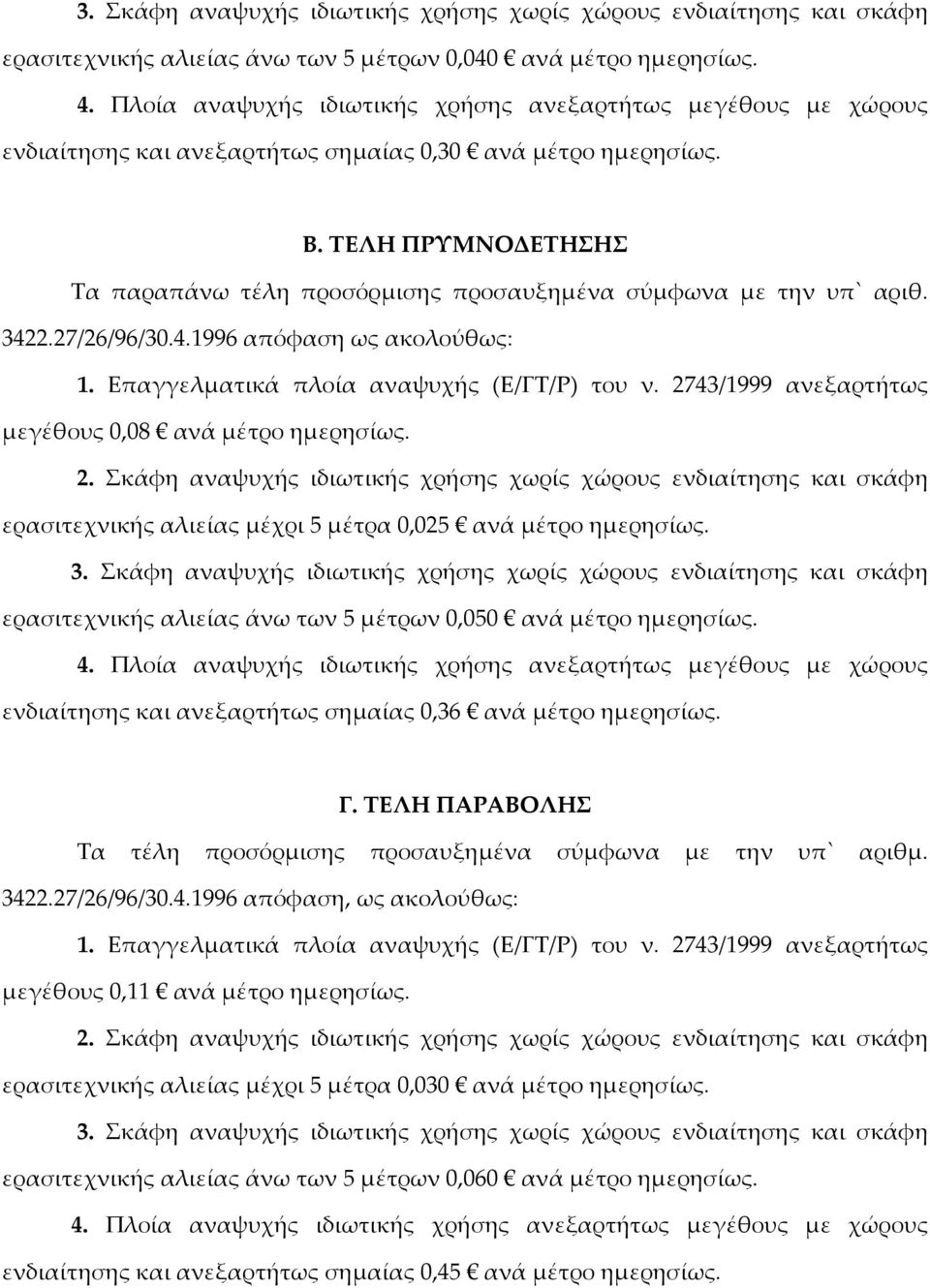 ερασιτεχνικής αλιείας μέχρι 5 μέτρα 0,025 ανά μέτρο ημερησίως. ερασιτεχνικής αλιείας άνω των 5 μέτρων 0,050 ανά μέτρο ημερησίως. ενδιαίτησης και ανεξαρτήτως σημαίας 0,36 ανά μέτρο ημερησίως. Γ.