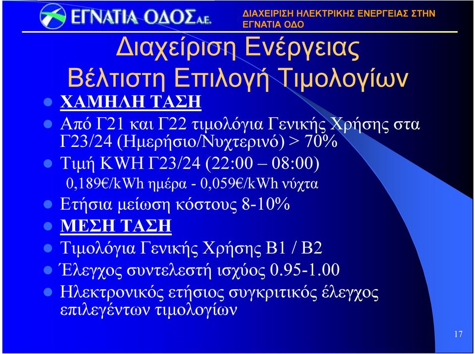 0,059 /kwh νύχτα Ετήσια μείωση κόστους 8-10% ΜΕΣΗ ΤΑΣΗ Τιμολόγια Γενικής Χρήσης Β1 / Β2