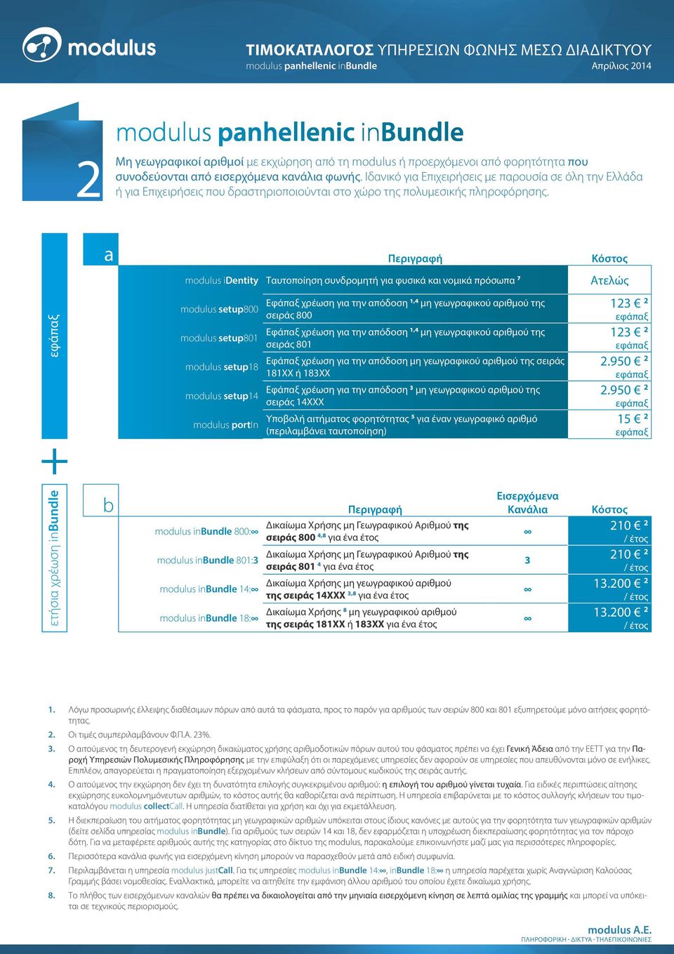 a Περιγραφή Κόστος modulus identity Ταυτοποίηση συνδρομητή για φυσικά και νομικά πρόσωπα 7 Ατελώς modulus setup800 modulus setup801 modulus setup18 modulus setup14 modulus portin Εφάπαξ χρέωση για