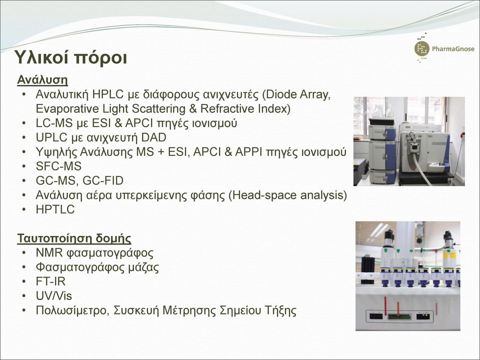 & APPI πηγές ιονισμού SFC-MS GC-MS, GC-FID Ανάλυση αέρα υπερκείμενης φάσης (Head-space analysis) HPTLC