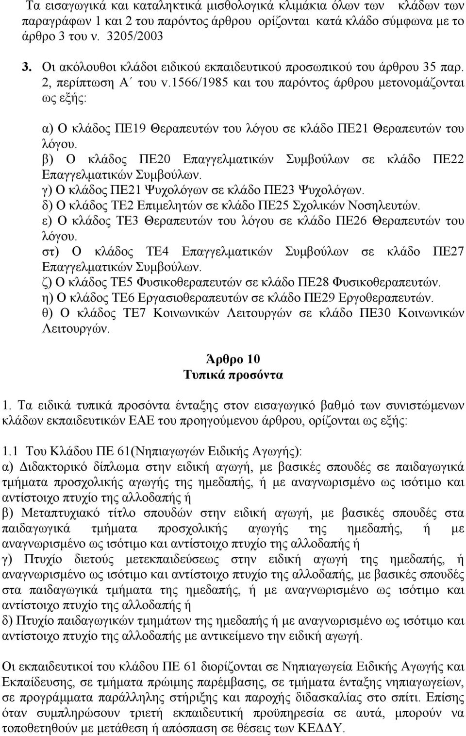 1566/1985 και του παρόντος άρθρου µετονοµάζονται ως εξής: α) O κλάδος ΠΕ19 Θεραπευτών του λόγου σε κλάδο ΠΕ21 Θεραπευτών του λόγου.