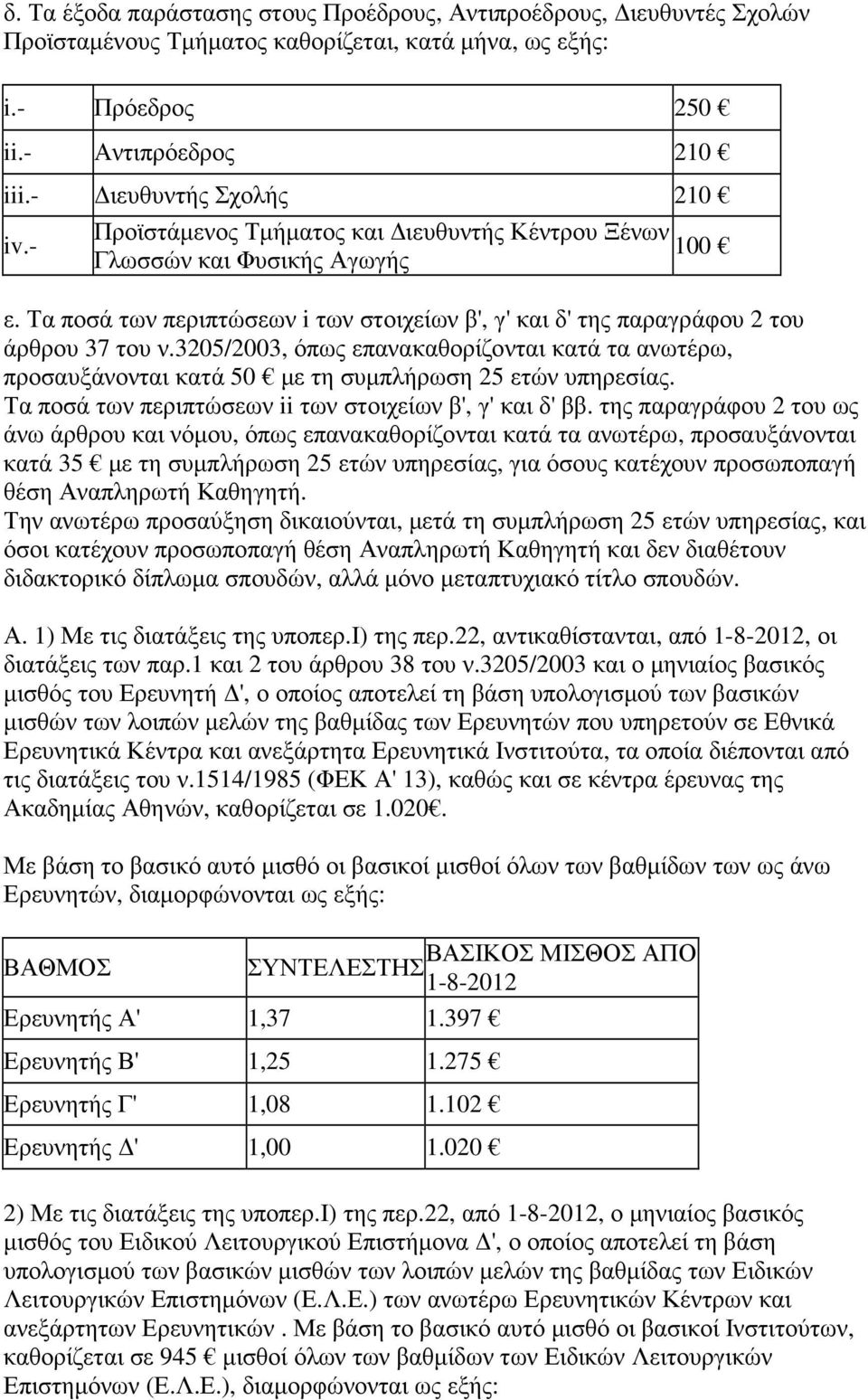 3205/2003, όπως επανακαθορίζονται κατά τα ανωτέρω, προσαυξάνονται κατά 50 µε τη συµπλήρωση 25 ετών υπηρεσίας. Τα ποσά των περιπτώσεων ii των στοιχείων β', γ' και δ' ββ.