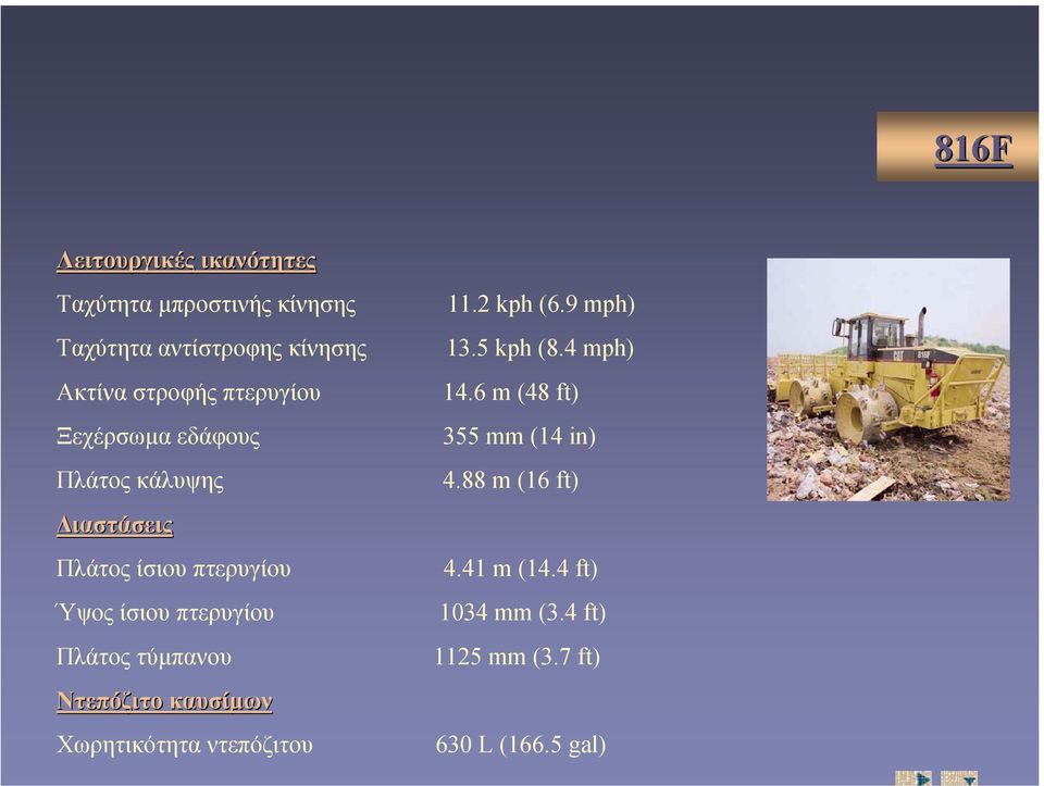 Πλάτος τύµπανου Ντεπόζιτο καυσίµων Χωρητικότητα ντεπόζιτου 11.2 kph (6.9 mph) 13.5 kph (8.4 mph) 14.