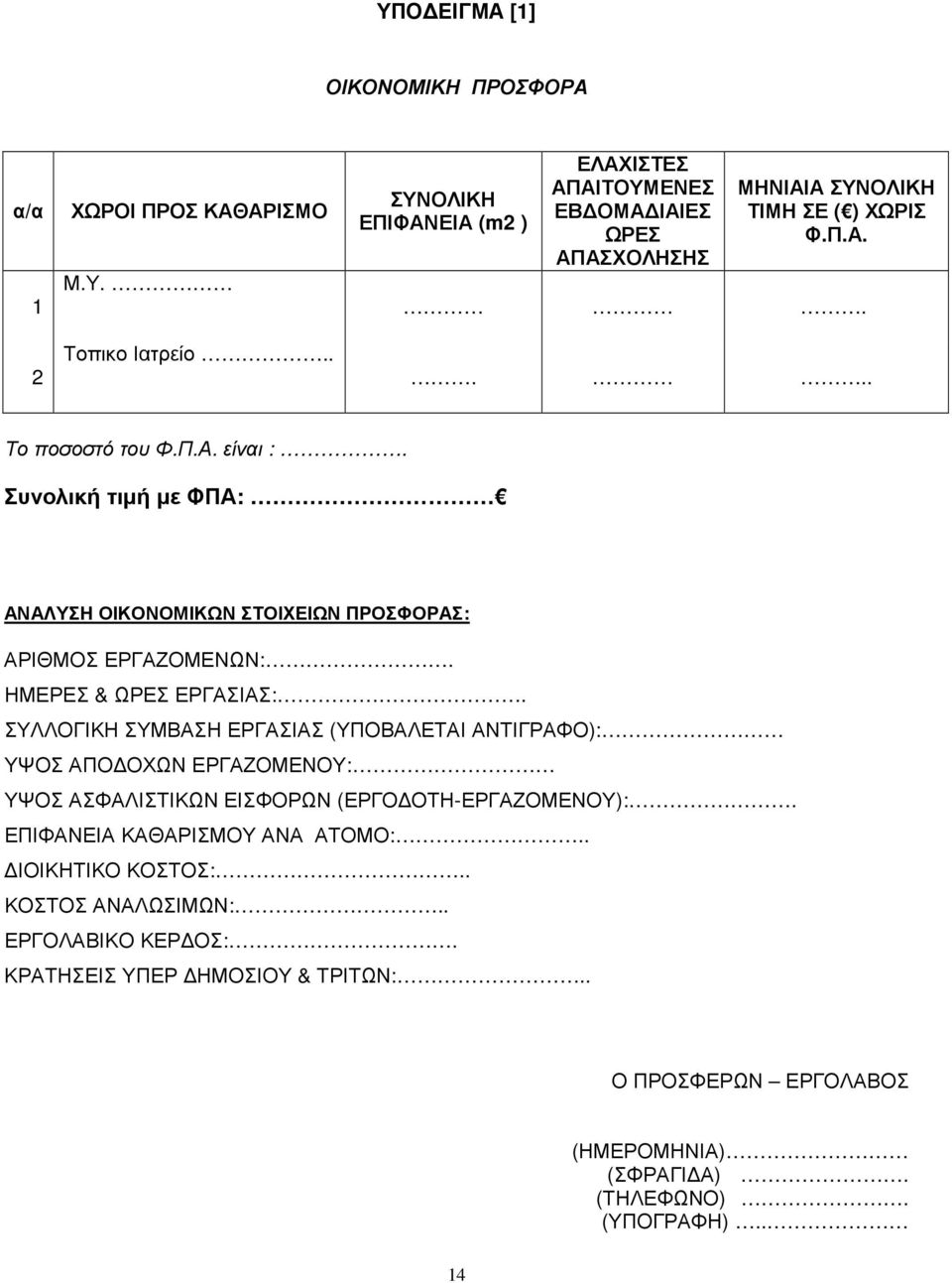 Συνολική τιµή µε ΦΠΑ: ΑΝΑΛΥΣΗ ΟΙΚΟΝΟΜΙΚΩΝ ΣΤΟΙΧΕΙΩΝ ΠΡΟΣΦΟΡΑΣ: ΑΡΙΘΜΟΣ ΕΡΓΑΖΟΜΕΝΩΝ:. ΗΜΕΡΕΣ & ΩΡΕΣ ΕΡΓΑΣΙΑΣ:.