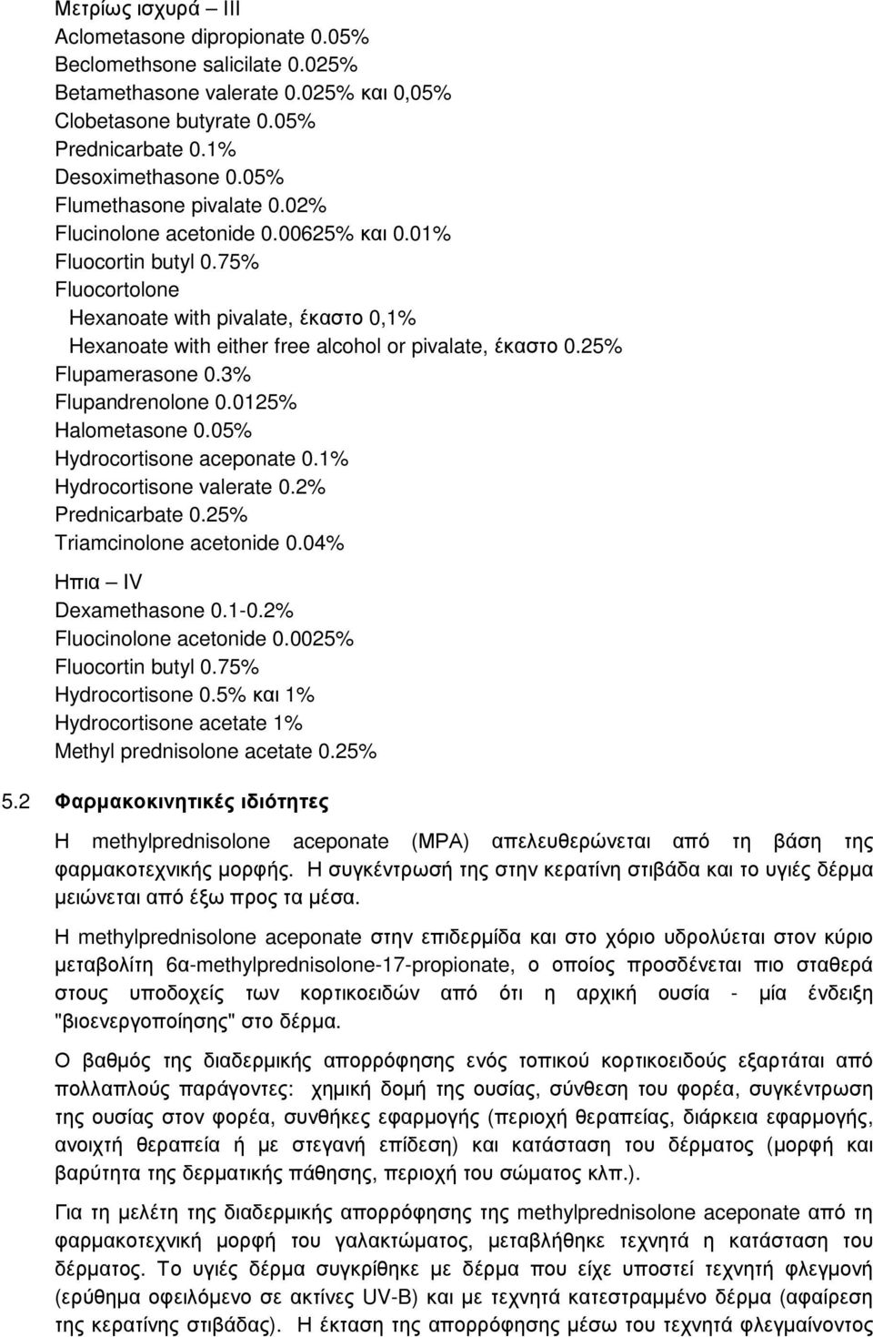 75% Fluocortolone Hexanoate with pivalate, έκαστο 0,1% Hexanoate with either free alcohol or pivalate, έκαστο 0.25% Flupamerasone 0.3% Flupandrenolone 0.0125% Halometasone 0.