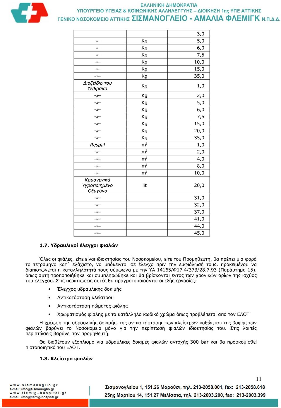 Υδραυλικοί έλεγχοι φιαλών lit 20,0 -»- 31,0 -»- 32,0 -»- 37,0 -»- 41,0 -»- 44,0 -»- 45,0 Όλες οι φιάλες, είτε είναι ιδιοκτησίας του Νοσοκομείου, είτε του Προμηθευτή, θα πρέπει μια φορά το τετράμηνο