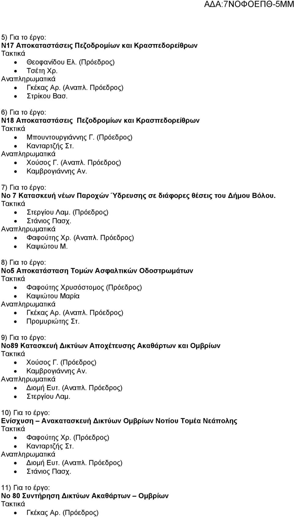 Πρόεδρος) 8) Για το έργο: Νο5 Αποκατάσταση Τομών Ασφαλτικών Οδοστρωμάτων Φαφούτης Χρυσόστομος (Πρόεδρος) Καψιώτου Μαρία 9) Για το έργο: Νο89 Κατασκευή Δικτύων Αποχέτευσης Ακαθάρτων