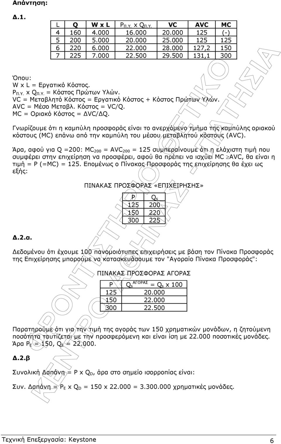 MC = Οριακό Κόστος = VC/ Q. Γνωρίζουµε ότι η καµπύλη προσφοράς είναι το ανερχόµενο τµήµα της καµπύλης οριακού κόστους (MC) επάνω από την καµπύλη του µέσου µεταβλητού κόστους (AVC).