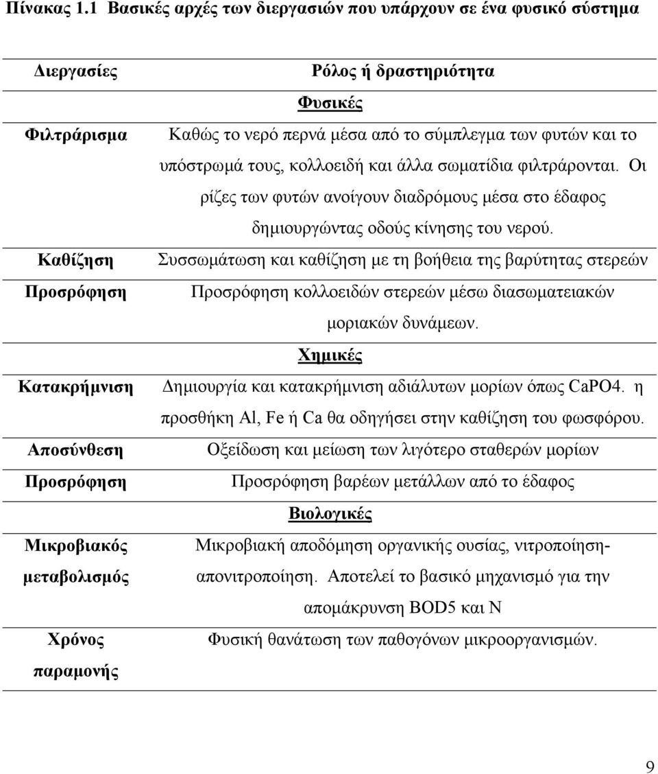 δραστηριότητα Φυσικές Καθώς το νερό περνά µέσα από το σύµπλεγµα των φυτών και το υπόστρωµά τους, κολλοειδή και άλλα σωµατίδια φιλτράρονται.