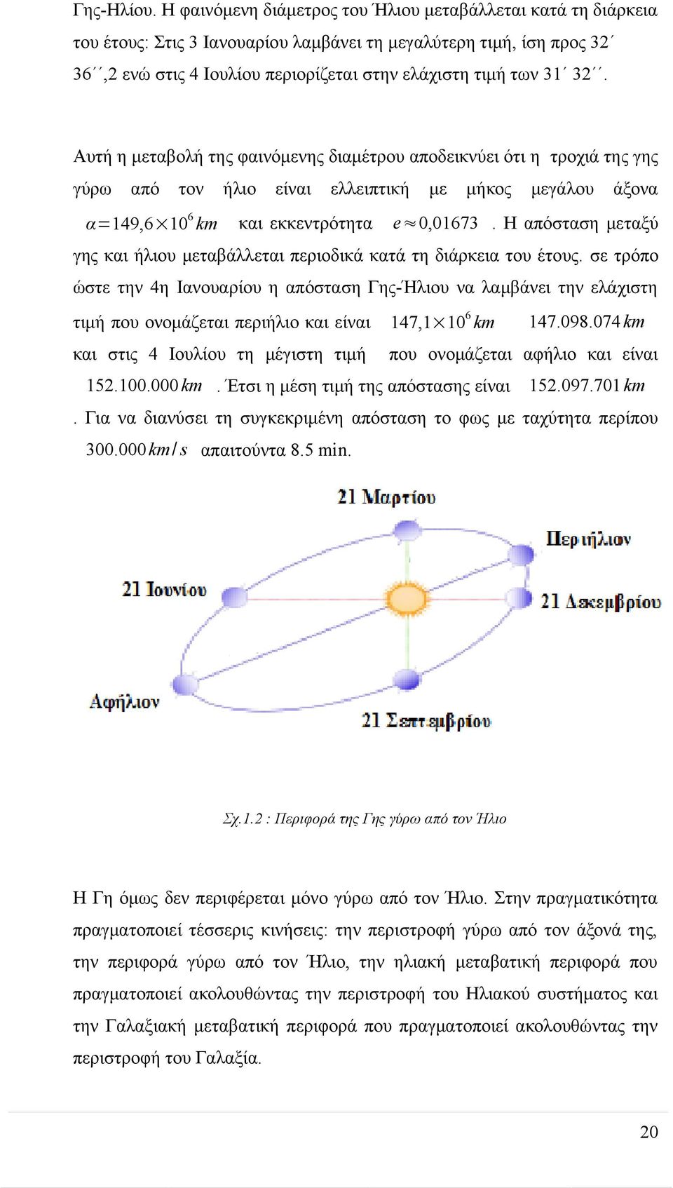 Αυτή η μεταβολή της φαινόμενης διαμέτρου αποδεικνύει ότι η τροχιά της γης γύρω από τον 6 α=149,6 10 km ήλιο είναι ελλειπτική και εκκεντρότητα με μήκος μεγάλου άξονα e 0,01673.