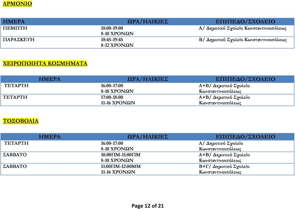 17:00-18:00 11-16 ΧΡΟΝΩΝ A+Β/ Δημοτικό Σχολείο ΤΟΞΟΒΟΛΙΑ ΤΕΤΑΡΤΗ 16:00-17:00 Α/ Δημοτικό