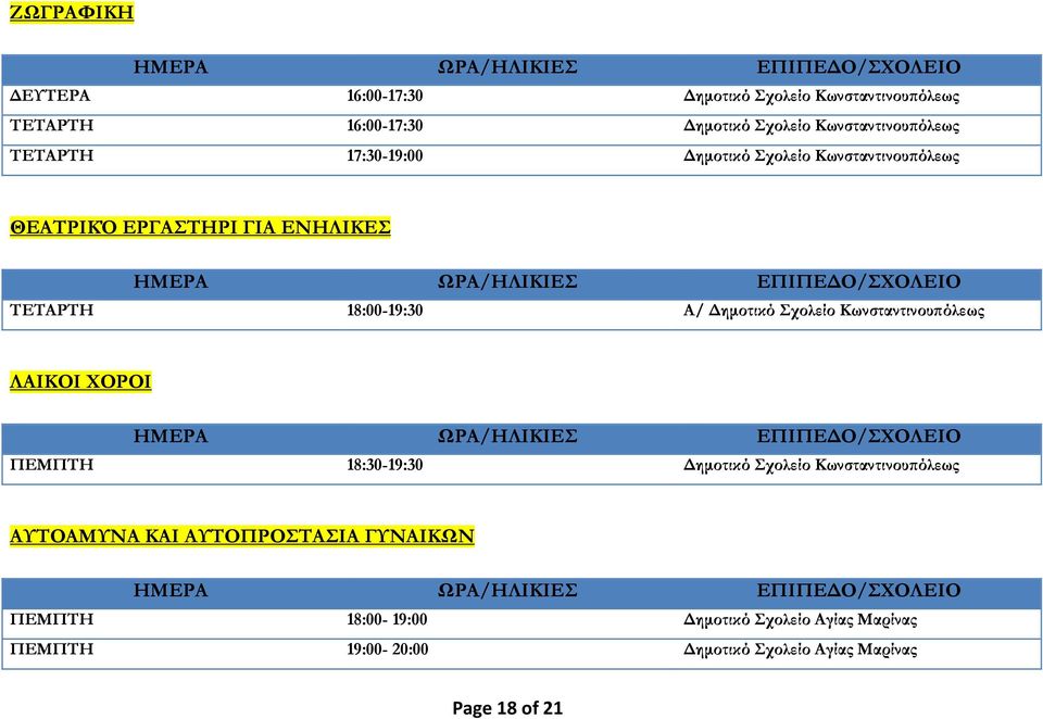 Σχολείο ΛΑΙΚΟΙ ΧΟΡΟΙ ΠΕΜΠΤΗ 18:30-19:30 Δημοτικό Σχολείο ΑΥΤΟΑΜΥΝΑ ΚΑΙ ΑΥΤΟΠΡΟΣΤΑΣΙΑ ΓΥΝΑΙΚΩΝ