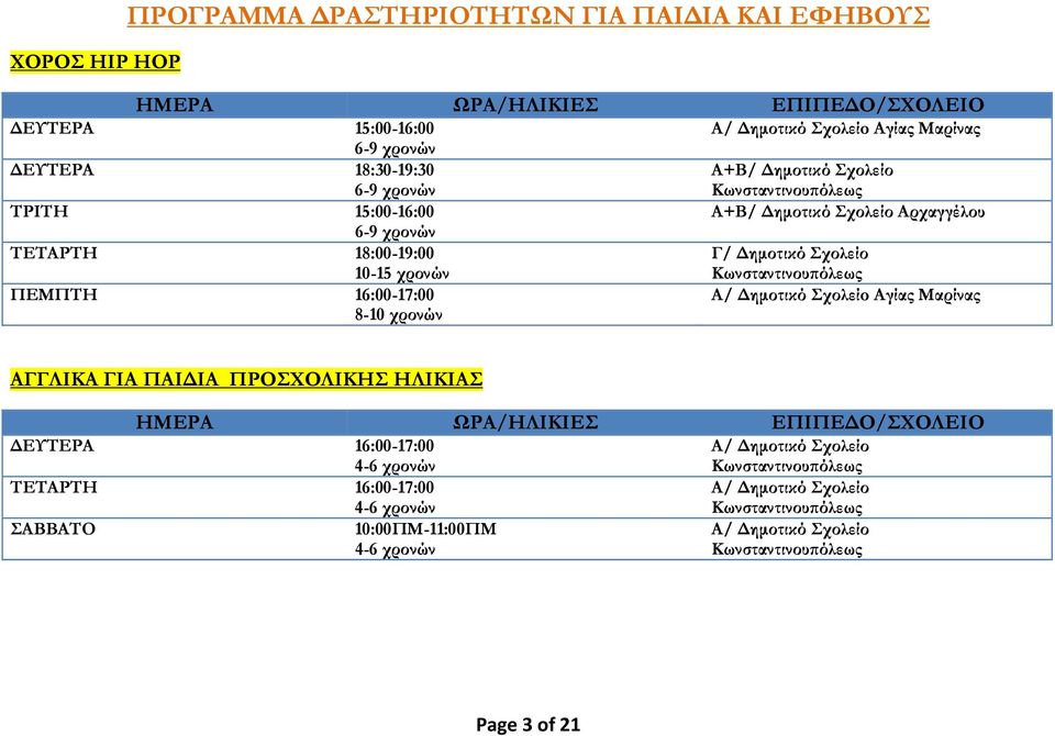 Σχολείο ΠΕΜΠΤΗ 16:00-17:00 8-10 χρονών Α/ Δημοτικό Σχολείo Αγίας Μαρίνας ΑΓΓΛΙΚΑ ΓΙΑ ΠΑΙΔΙΑ ΠΡΟΣΧΟΛΙΚΗΣ ΗΛΙΚΙΑΣ ΔΕΥΤΕΡΑ