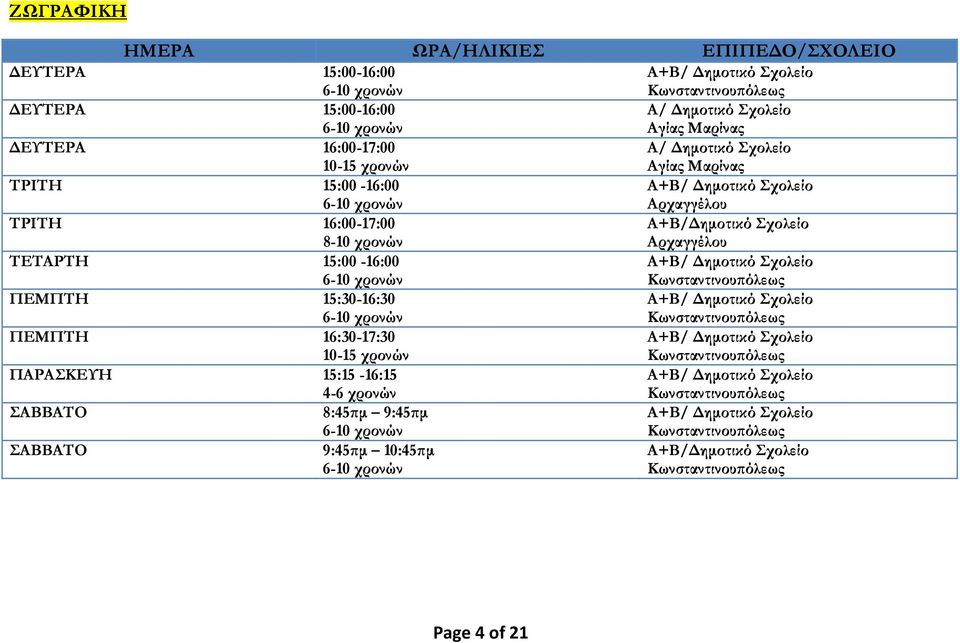 χρονών Α+Β/Δημοτικό Σχολείο Αρχαγγέλου ΤΕΤΑΡΤΗ 15:00-16:00 ΠΕΜΠΤΗ 15:30-16:30 ΠΕΜΠΤΗ 16:30-17:30 10-15