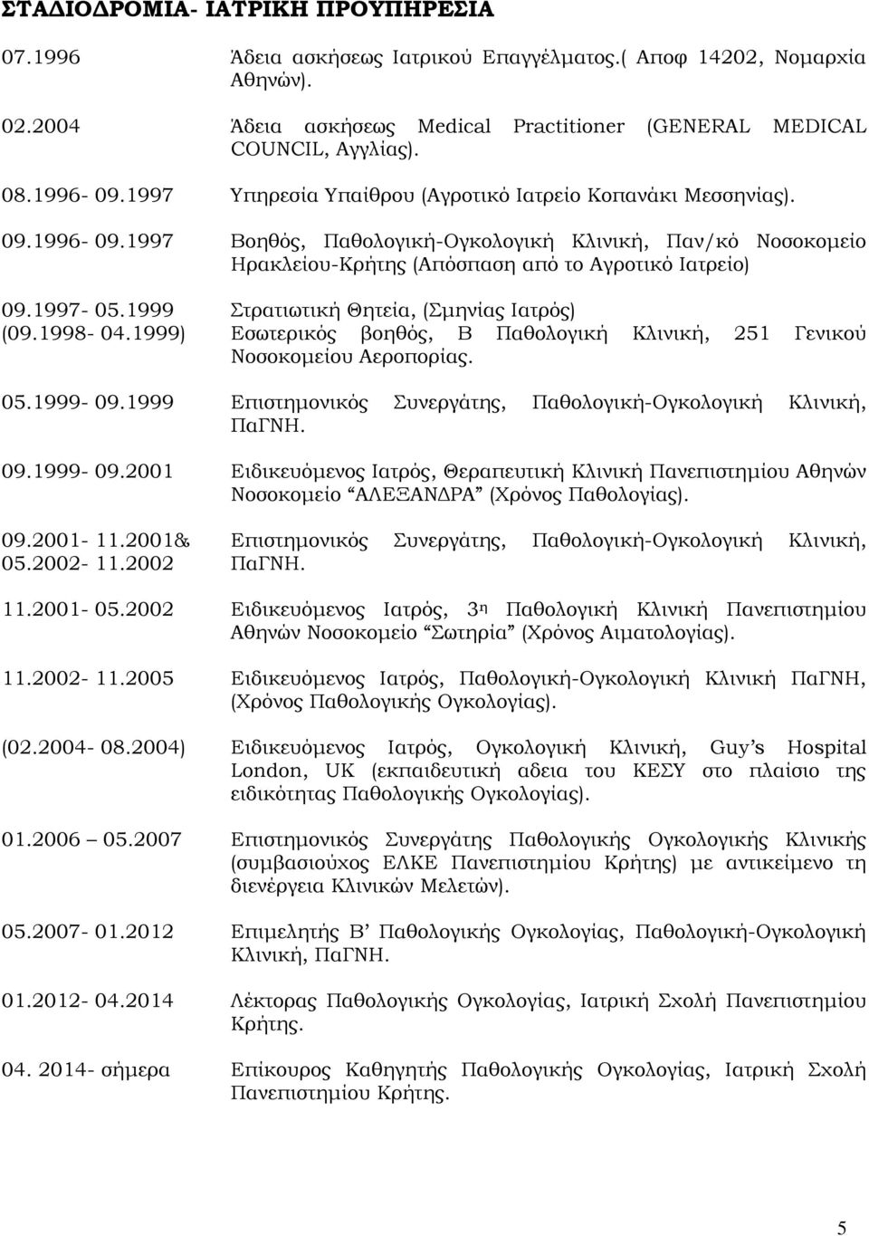 1999 (09.1998-04.1999) τρατιωτική Θητεία, (μηνίας Ιατρός) Εσωτερικός βοηθός, Β Παθολογική Κλινική, 251 Γενικού Νοσοκομείου Αεροπορίας. 05.1999-09.