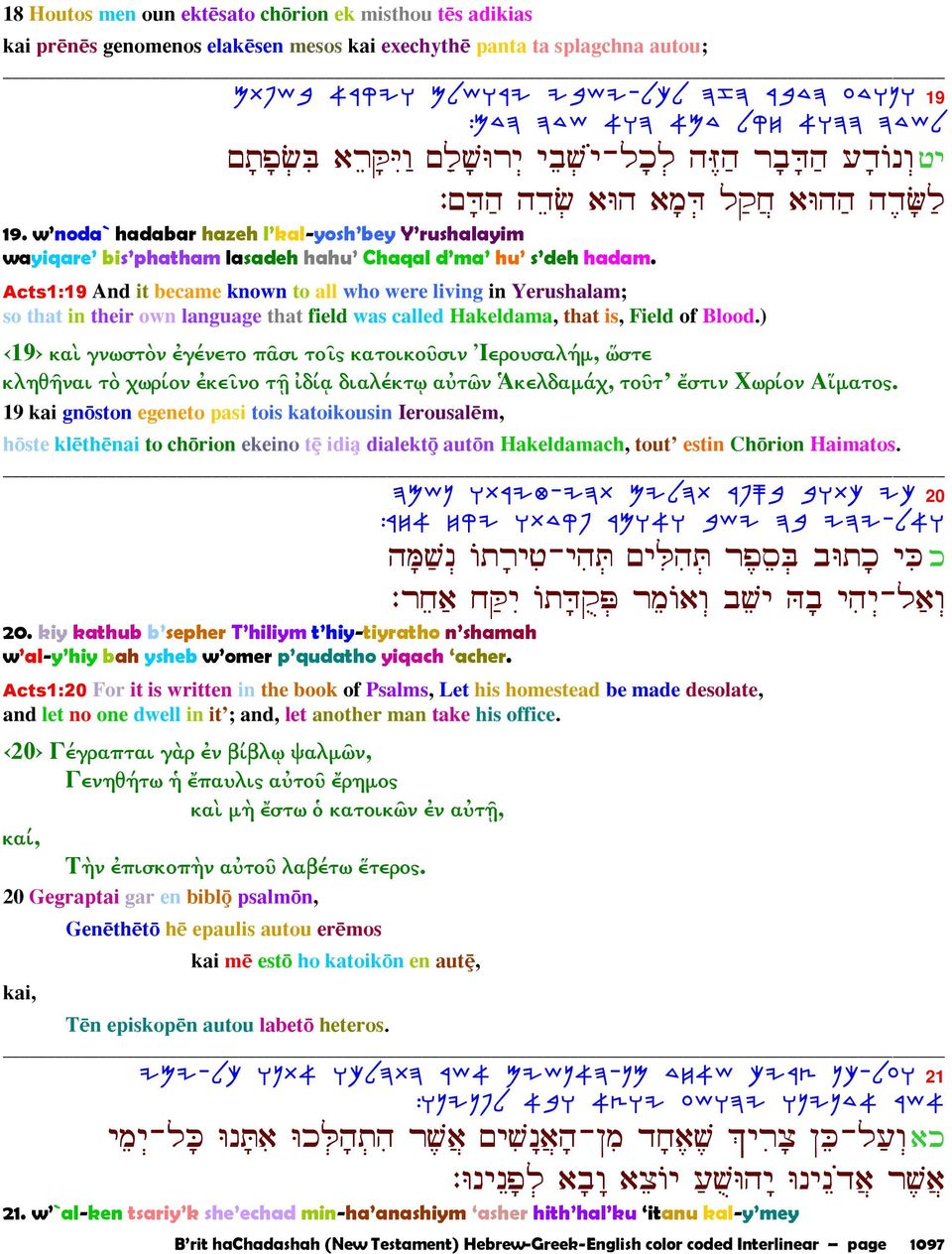 Acts1:19 And it became known to all who were living in Yerushalam; so that in their own language that field was called Hakeldama, that is, Field of Blood.