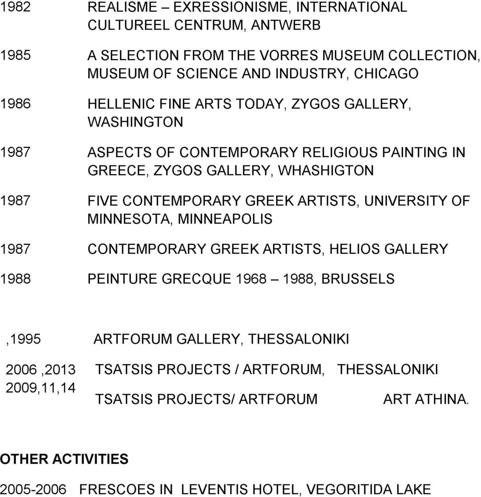 ARTISTS, UNIVERSITY OF MINNESOTA, MINNEAPOLIS 1987 CONTEMPORARY GREEK ARTISTS, HELIOS GALLERY 1988 PEINTURE GRECQUE 1968 1988, BRUSSELS,1995 ARTFORUM GALLERY,