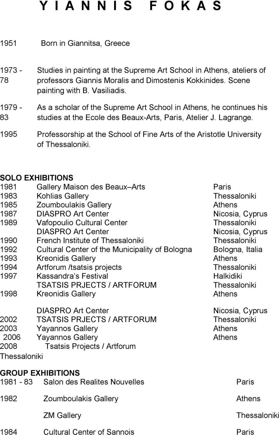 1995 Professorship at the School of Fine Arts of the Aristotle University of Thessaloniki.