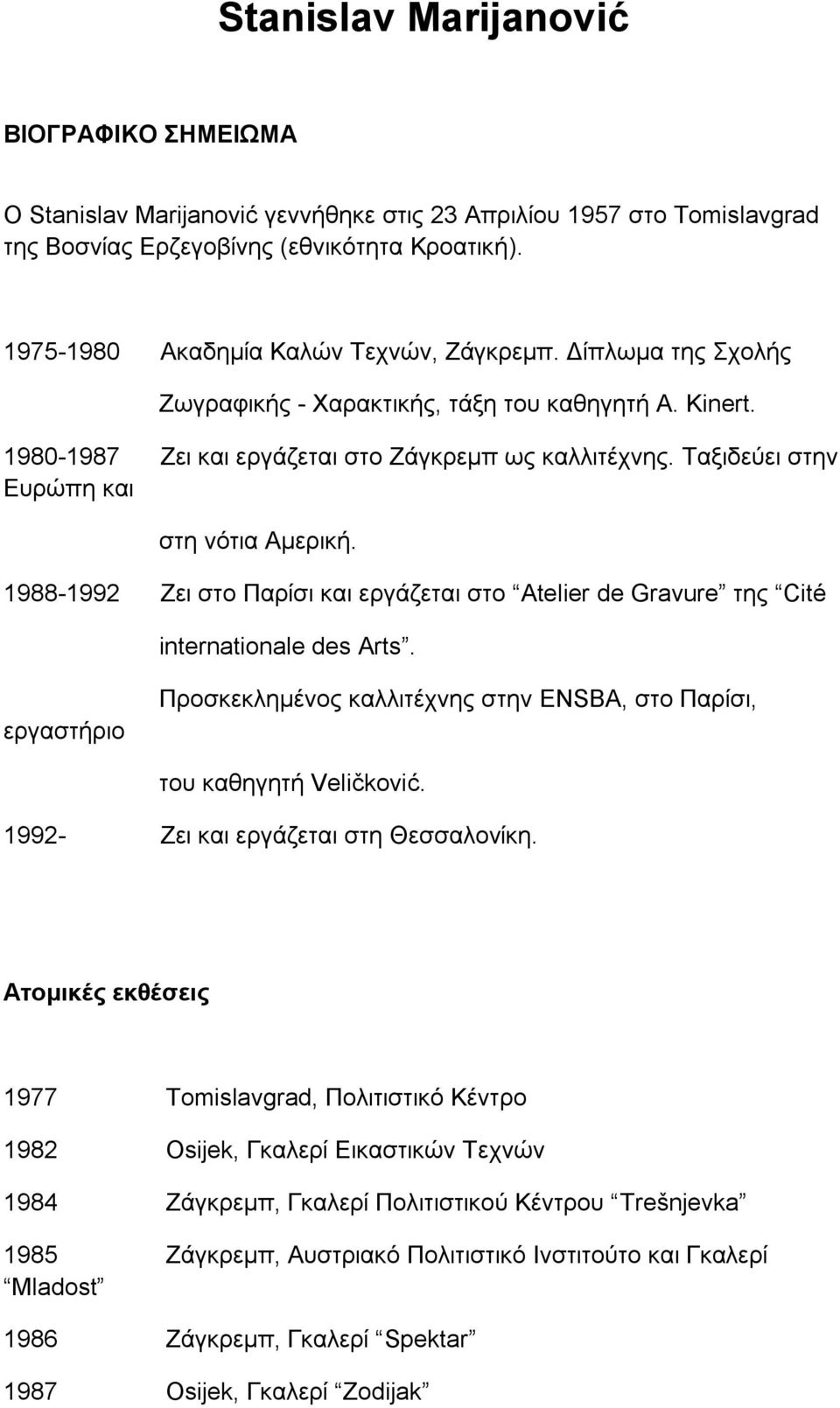 Ταξιδεύει στην Ευρώπη και στη νότια Αμερική. 1988-1992 Ζει στο Παρίσι και εργάζεται στο Atelier de Gravure της Cité internationale des Arts.