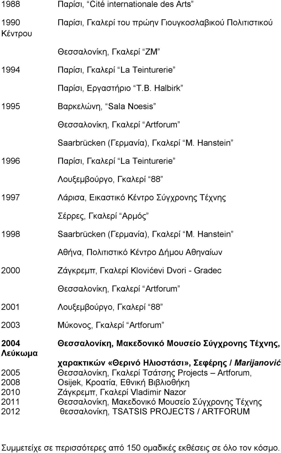 Hanstein 1996 Παρίσι, Γκαλερί La Teinturerie Λουξεμβούργο, Γκαλερί 88 1997 Λάρισα, Εικαστικό Κέντρο Σύγχρονης Τέχνης Σέρρες, Γκαλερί Αρμός 1998 Saarbrücken (Γερμανία), Γκαλερί M.