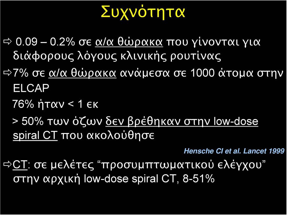 θώρακαανάμεσα σε 1000 άτομα στην ELCAP 76% ήταν < 1 εκ > 50% των όζων δεν