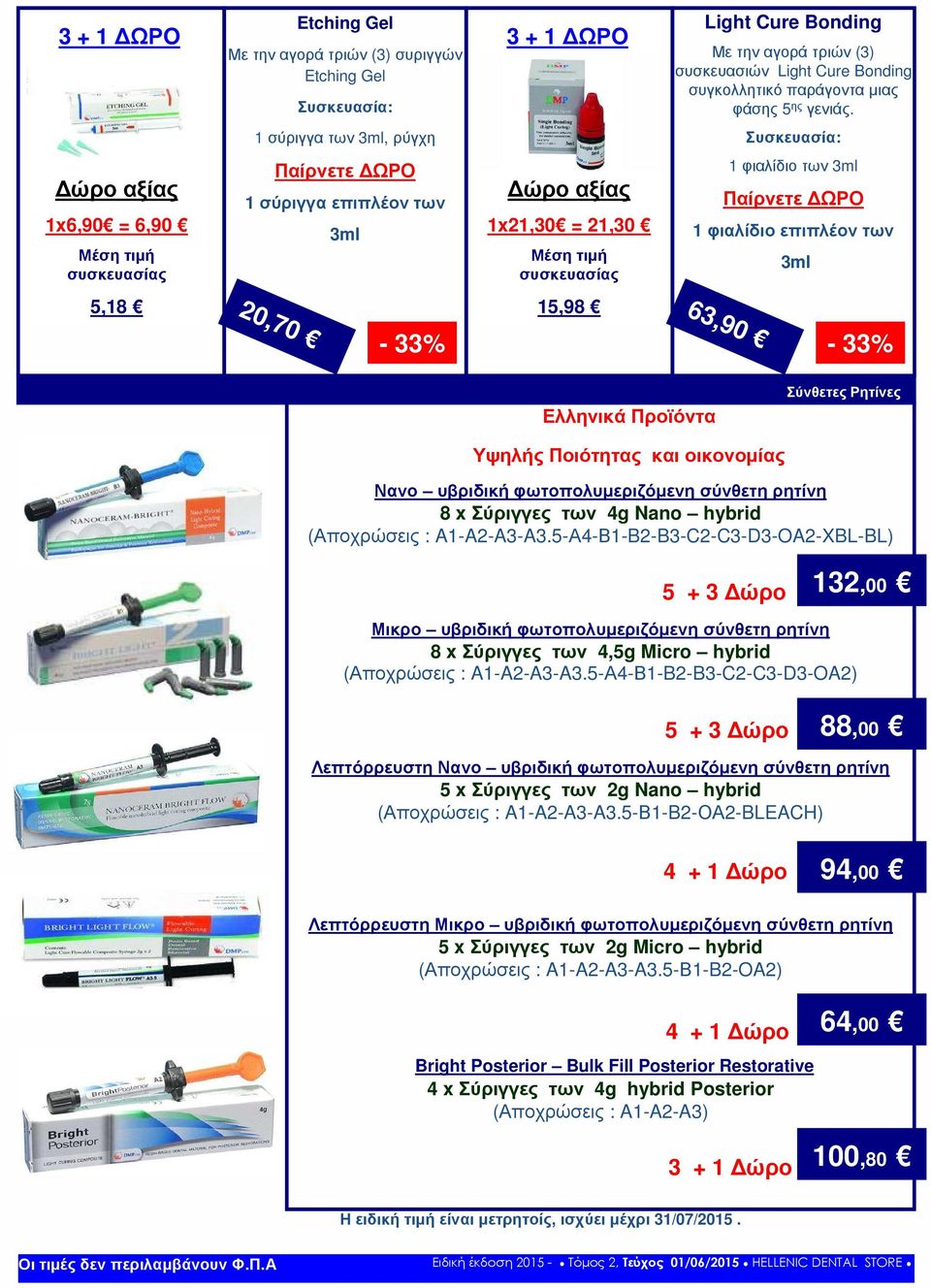 1 φιαλίδιο των 3ml 1 φιαλίδιο επιπλέον των 63,90 3ml Ελληνικά Προϊόντα Σύνθετες Ρητίνες Υψηλής Ποιότητας και οικονοµίας Νανο υβριδική φωτοπολυµεριζόµενη σύνθετη ρητίνη 8 x Σύριγγες των 4g Nano hybrid