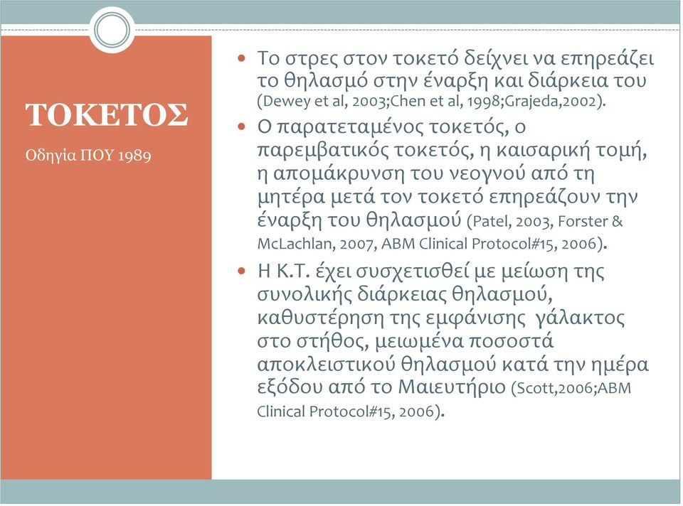 θηλασμού (Patel, 2003, Forster & McLachlan, 2007, ABM Clinical Protocol#15, 2006). Η Κ.Τ.