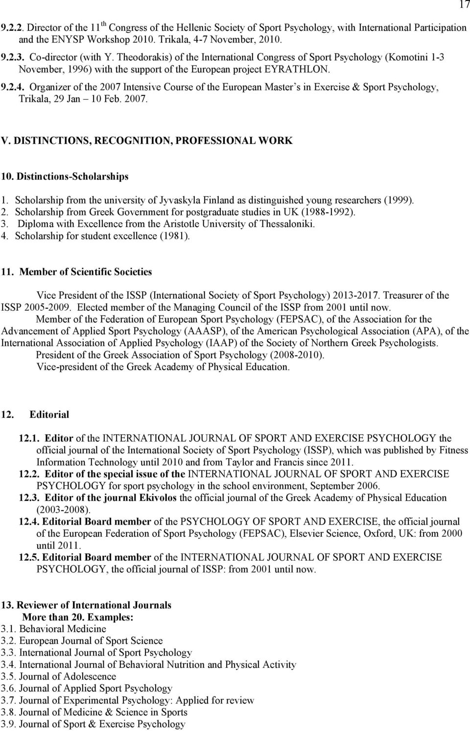 Organizer of the 2007 Intensive Course of the European Master s in Exercise & Sport Psychology, Trikala, 29 Jan 10 Feb. 2007. 17 V. DISTINCTIONS, RECOGNITION, PROFESSIONAL WORK 10.
