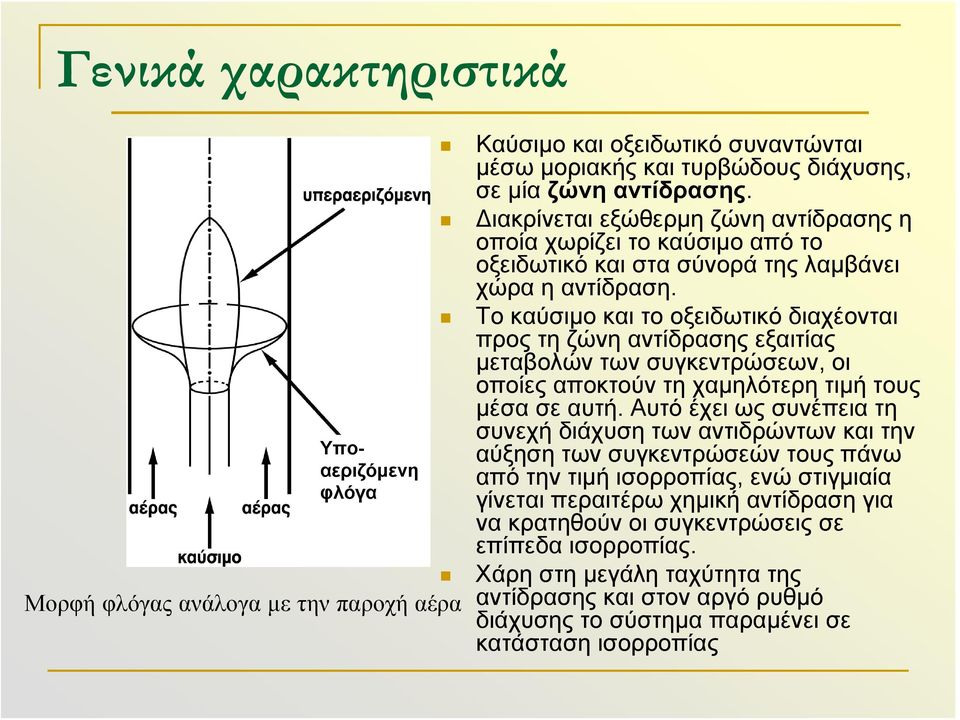 Το καύσιμο και το οξειδωτικό διαχέονται προς τη ζώνη αντίδρασης εξαιτίας μεταβολών των συγκεντρώσεων, οι οποίες αποκτούν τη χαμηλότερη τιμή τους μέσα σε αυτή.