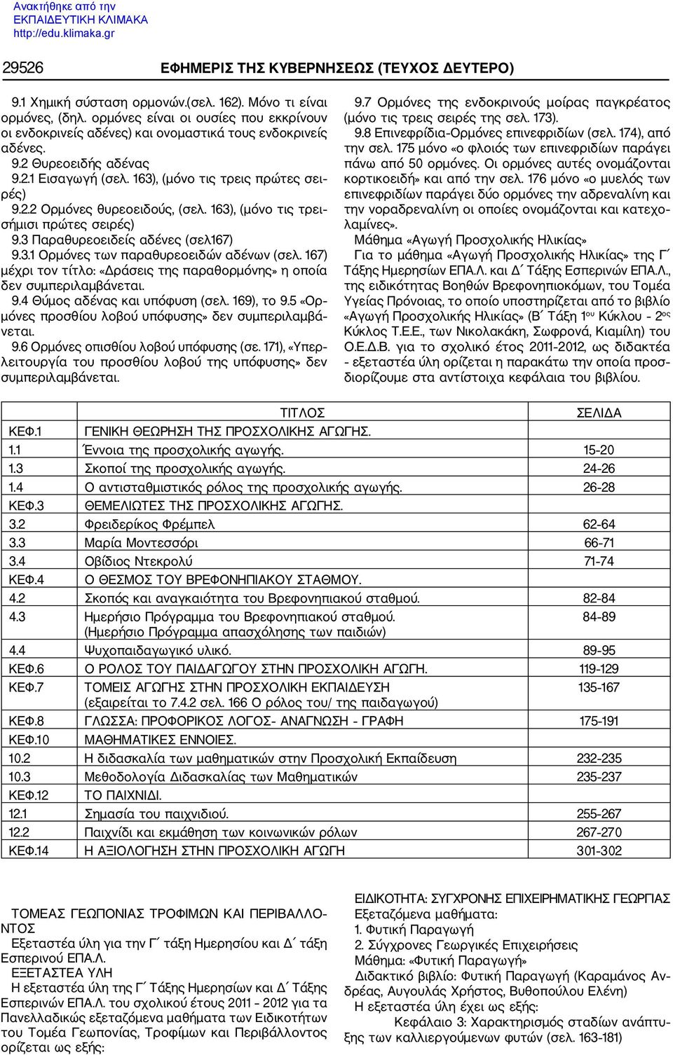 163), (μόνο τις τρει σήμισι πρώτες σειρές) 9.3 Παραθυρεοειδείς αδένες (σελ167) 9.3.1 Ορμόνες των παραθυρεοειδών αδένων (σελ.