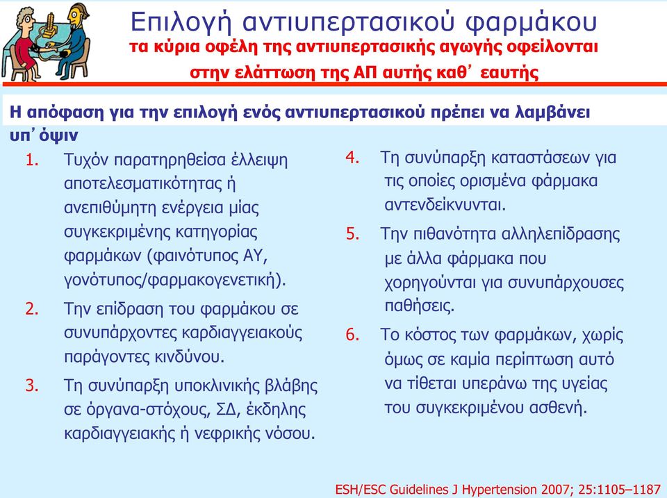 Την επίδραση του φαρµάκου σε συνυπάρχοντες καρδιαγγειακούς παράγοντες κινδύνου. 3. Τη συνύπαρξη υποκλινικής βλάβης σε όργανα-στόχους, ΣΔ, έκδηλης καρδιαγγειακής ή νεφρικής νόσου.