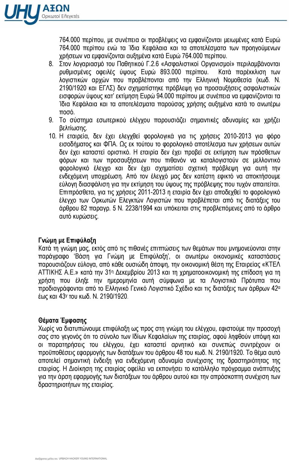 Ν. 2190/1920 και ΕΓΛΣ) δεν σχηματίστηκε πρόβλεψη για προσαυξήσεις ασφαλιστικών εισφορών ύψους κατ εκτίμηση Ευρώ 94.