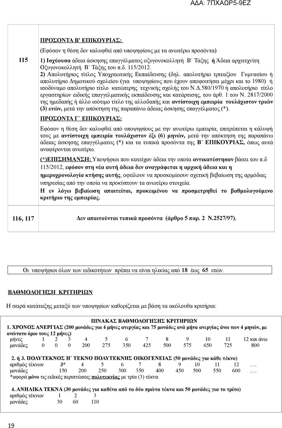 απολυτήριο τριταξίου Γυμνασίου ή απολυτήριο Δημοτικού σχολείου (για υποψηφίους που έχουν αποφοιτήσει μέχρι και το 1980) ή ισοδύναμο απολυτήριο τίτλο κατώτερης τεχνικής σχολής του Ν.Δ.580/1970 ή απολυτήριο τίτλο εργαστηρίων ειδικής επαγγελματικής εκπαίδευσης και κατάρτισης, του άρθ.