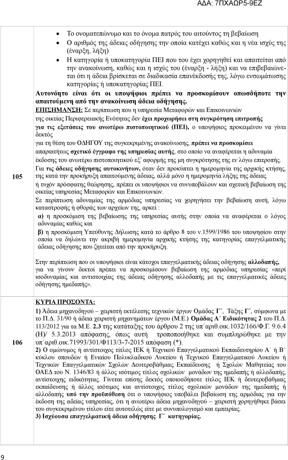 υποκατηγορίας ΠΕΙ. Αυτονόητο είναι ότι οι υποψήφιοι πρέπει να προσκομίσουν οπωσδήποτε την απαιτούμενη από την ανακοίνωση άδεια οδήγησης.