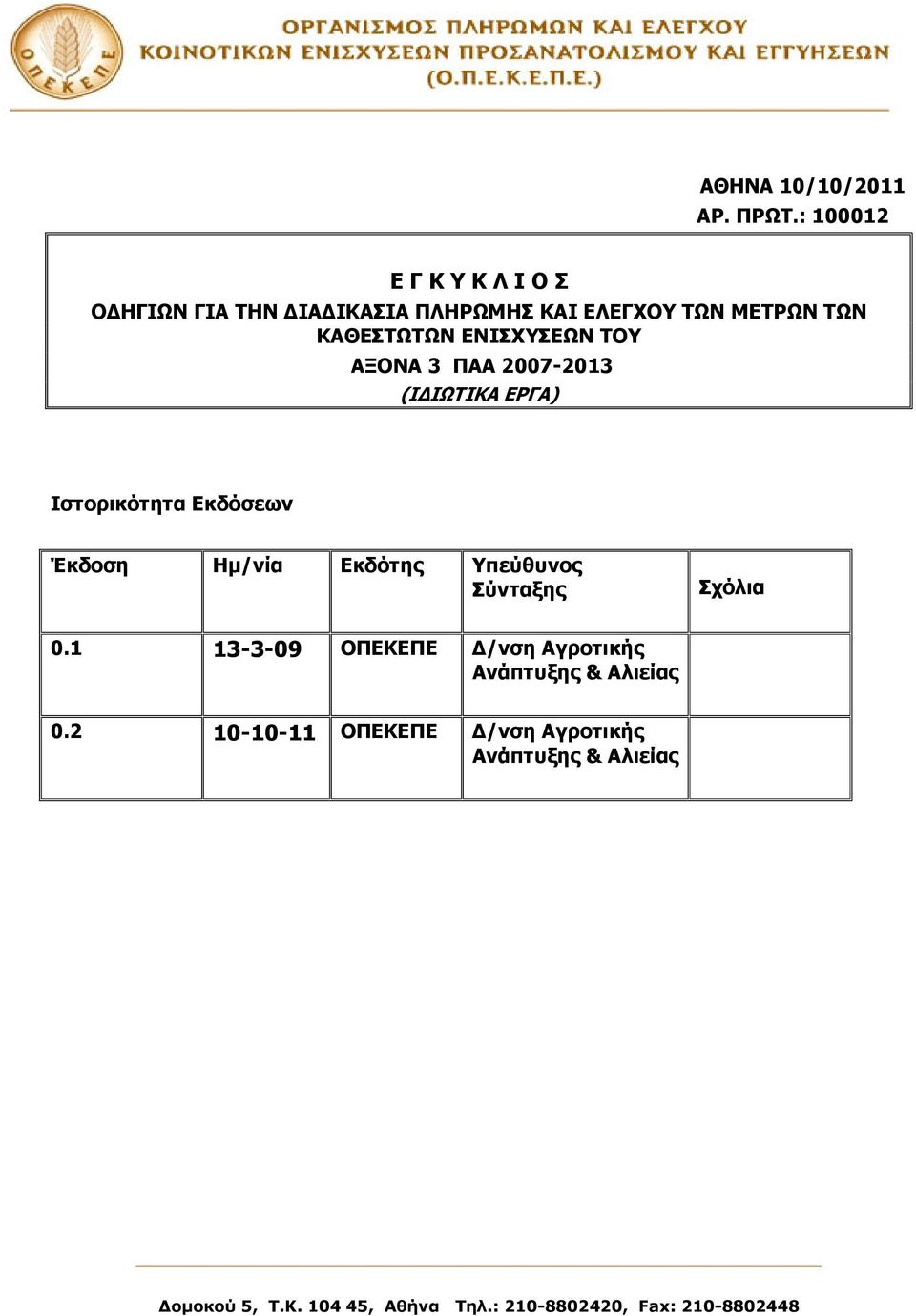 ΕΝΙΣΧΥΣΕΩΝ ΤΟΥ ΑΞΟΝΑ 3 ΠΑΑ 2007-2013 (Ι ΙΩΤΙΚΑ ΕΡΓΑ) Ιστορικότητα Εκδόσεων Έκδοση Ηµ/νία Εκδότης