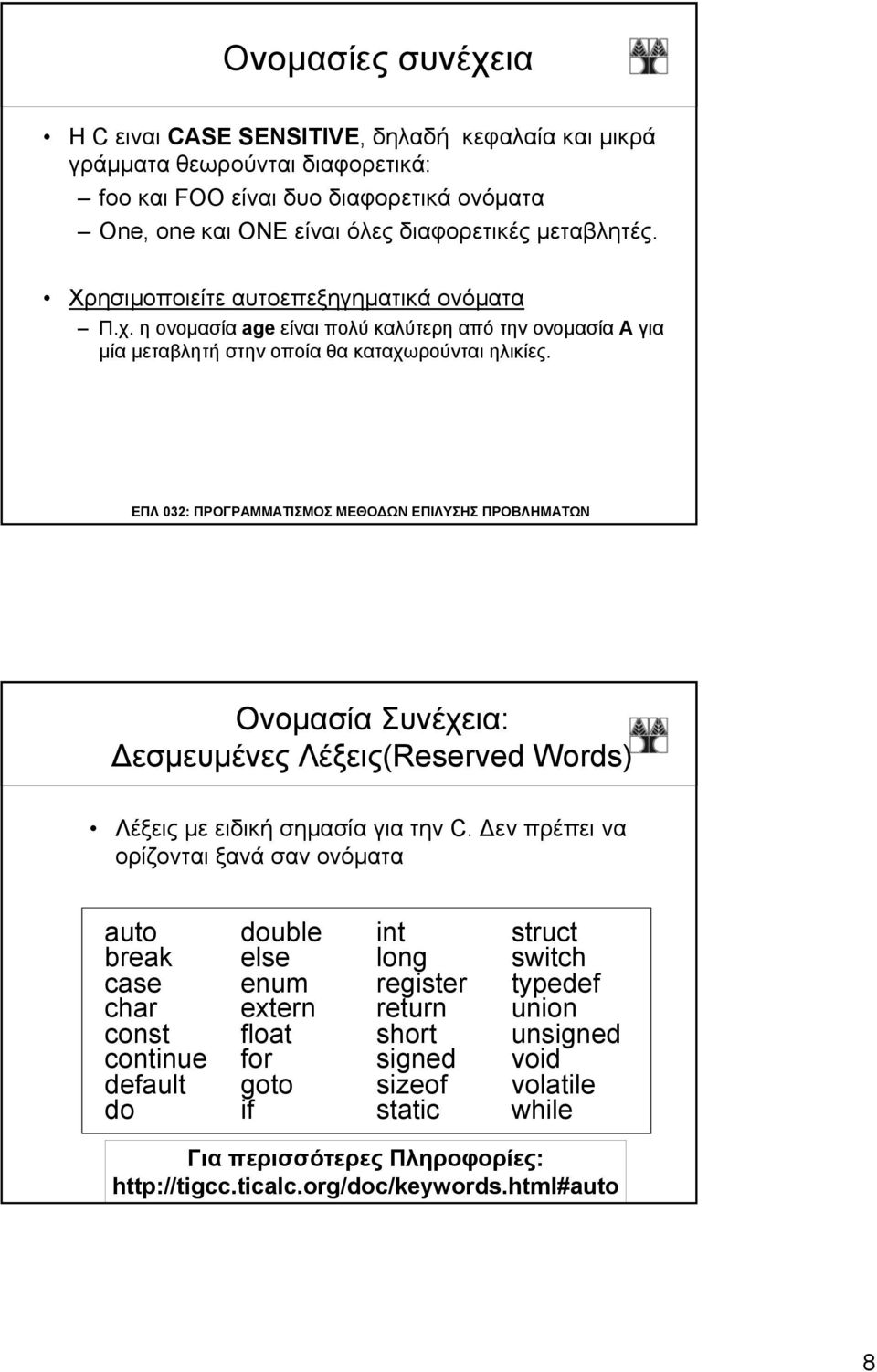 Ονομασία Συνέχεια: Δεσμευμένες Λέξεις(Reserved Words) Λέξεις με ειδική σημασία για την C.