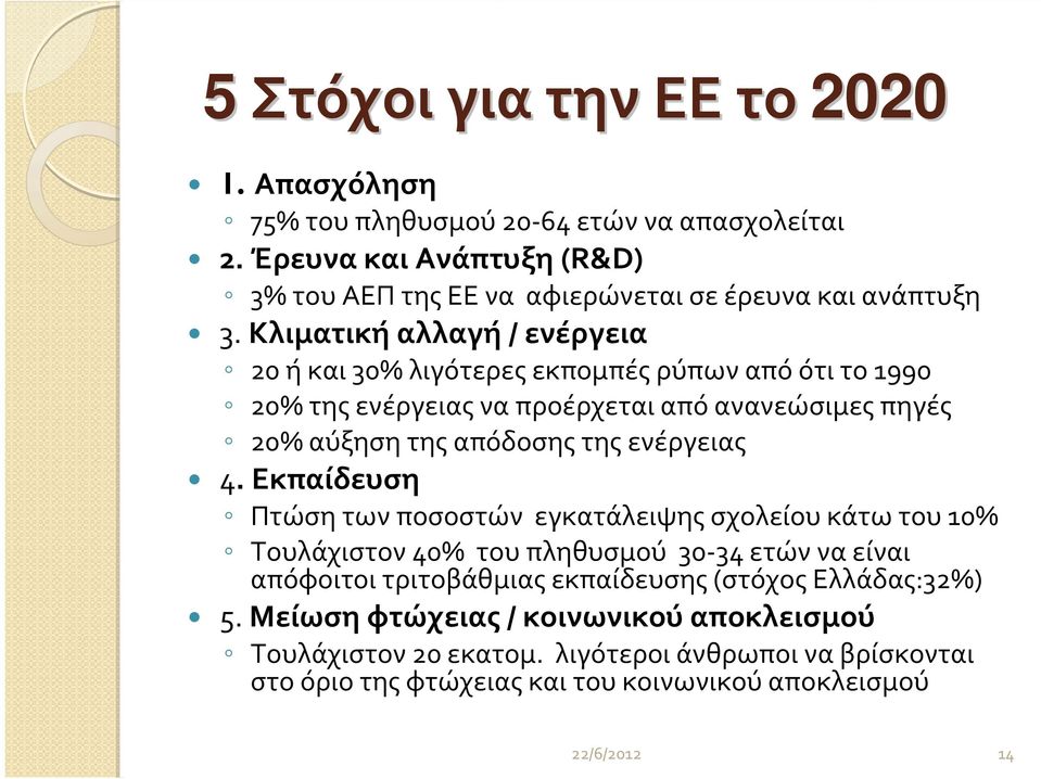 4. Εκπαίδευση Πτώσητωνποσοστών εγκατάλειψηςσχολείουκάτωτου10% Τουλάχιστον 40% του πληθυσμού 30-34 ετών να είναι απόφοιτοι τριτοβάθμιας εκπαίδευσης(στόχος