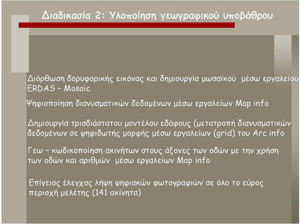 δεδομένων σε ψηφιδωτής μορφής μέσω εργαλείων (grid) του Arc info Γεω κωδικοποίηση ακινήτων στους άξονες των οδών με την χρήση