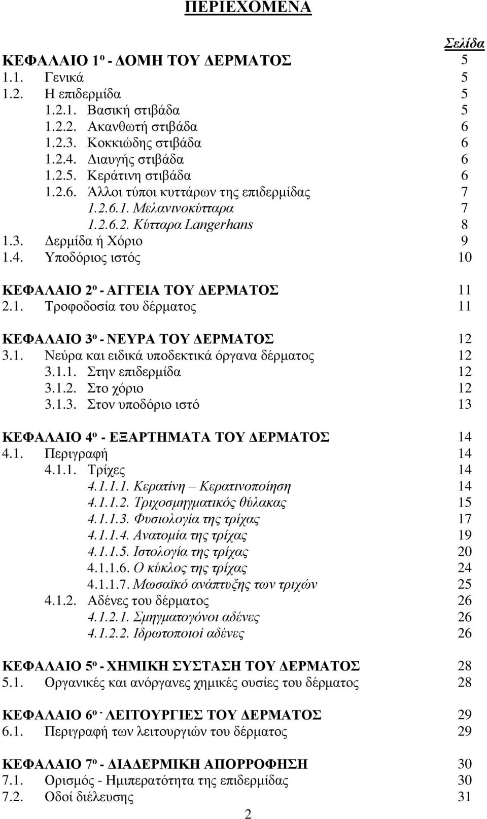 1. Νεύρα και ειδικά υποδεκτικά όργανα δέρματος 12 3.1.1. Στην επιδερμίδα 12 3.1.2. Στο χόριο 12 3.1.3. Στον υποδόριο ιστό 13 ΚΕΦΑΛΑΙΟ 4 ο - ΕΞΑΡΤΗΜΑΤΑ ΤΟΥ ΔΕΡΜΑΤΟΣ 14 4.1. Περιγραφή 14 4.1.1. Τρίχες 14 4.