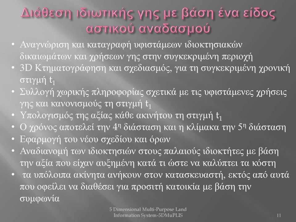 κλίμακα την 5 η διάσταση Εφαρμογή του νέου σχεδίου και όρων Αναδιανομή των ιδιοκτησιών στους παλαιούς ιδιοκτήτες με βάση την αξία που είχαν αυξημένη κατά τι ώστε να καλύπτει τα κόστη