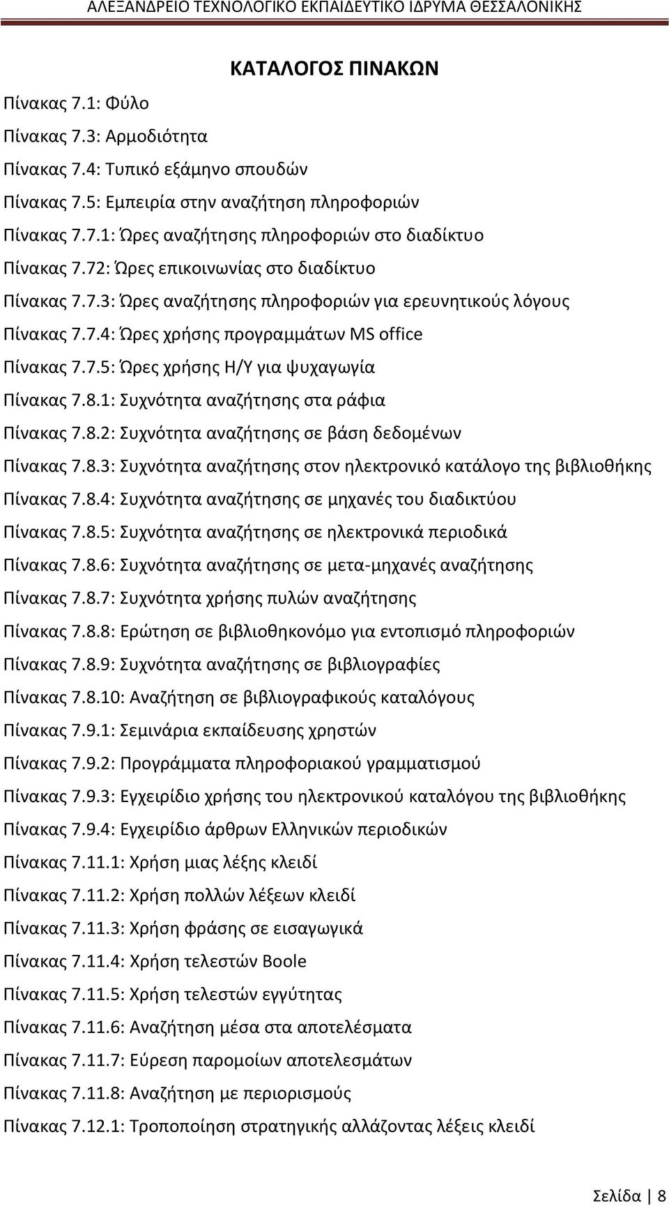 8.1: Συχνότητα αναζήτησης στα ράφια Πίνακας 7.8.2: Συχνότητα αναζήτησης σε βάση δεδομένων Πίνακας 7.8.3: Συχνότητα αναζήτησης στον ηλεκτρονικό κατάλογο της βιβλιοθήκης Πίνακας 7.8.4: Συχνότητα αναζήτησης σε μηχανές του διαδικτύου Πίνακας 7.