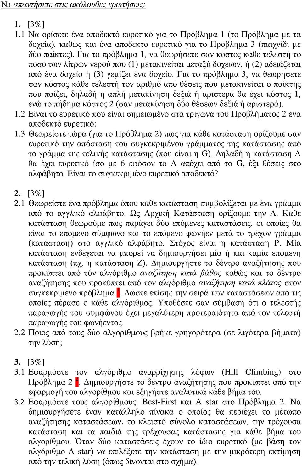 Για το πρόβλημα 1, να θεωρήσετε σαν κόστος κάθε τελεστή το ποσό των λίτρων νερού που (1) μετακινείται μεταξύ δοχείων, ή (2) αδειάζεται από ένα δοχείο ή (3) γεμίζει ένα δοχείο.