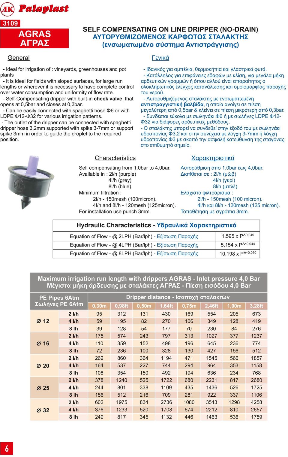 - Self-Compensating dripper with built-in check valve, that opens at bar and closes at 0,3bar. LDPE Φ2-Φ for various irrigation patterns.