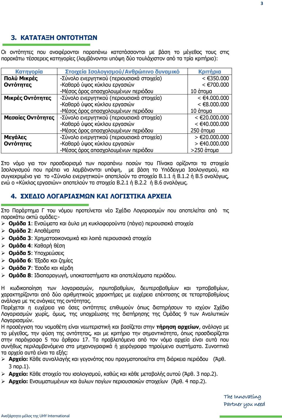 Μικρές Οντότητες Μεσαίες Οντότητες Μεγάλες Οντότητες -Σύνολο ενεργητικού (περιουσιακά στοιχεία) -Καθαρό ύψος κύκλου εργασιών -Μέσος όρος απασχολουμένων περιόδου -Σύνολο ενεργητικού (περιουσιακά